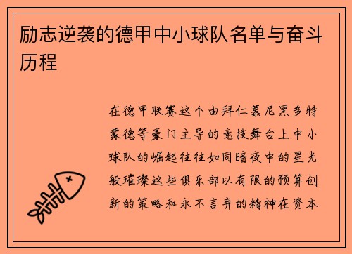 励志逆袭的德甲中小球队名单与奋斗历程
